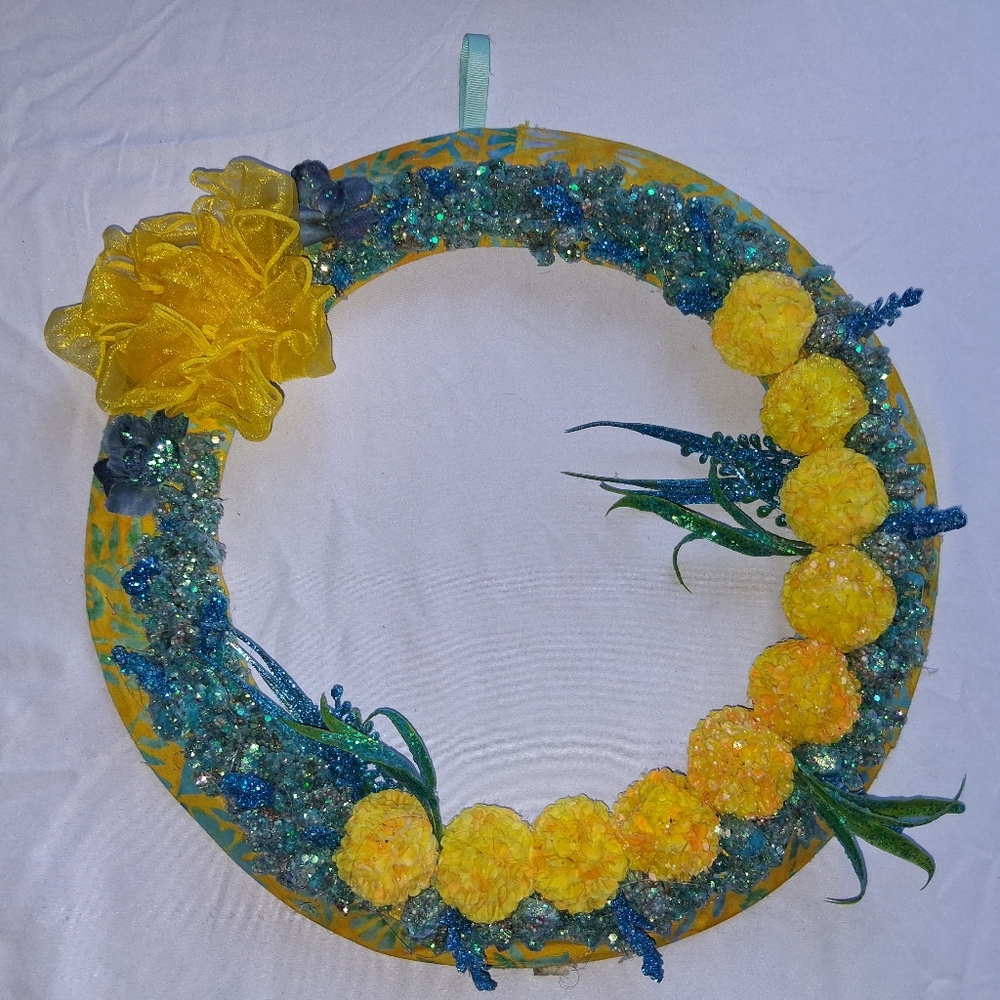 Yellow and Blue Floral Wreath w/ Batik and Glitter Enhanced Flowers